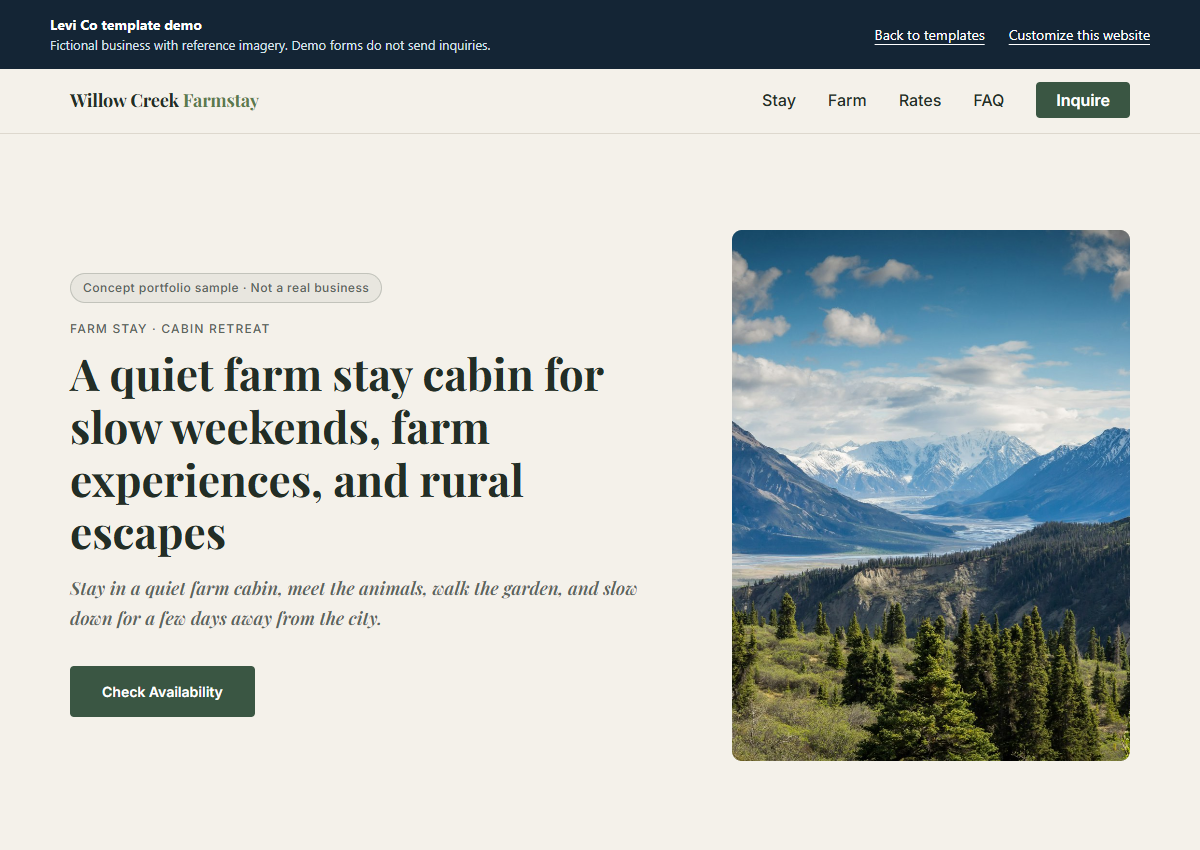 Willow Creek hospitality website demonstration, ready for customization