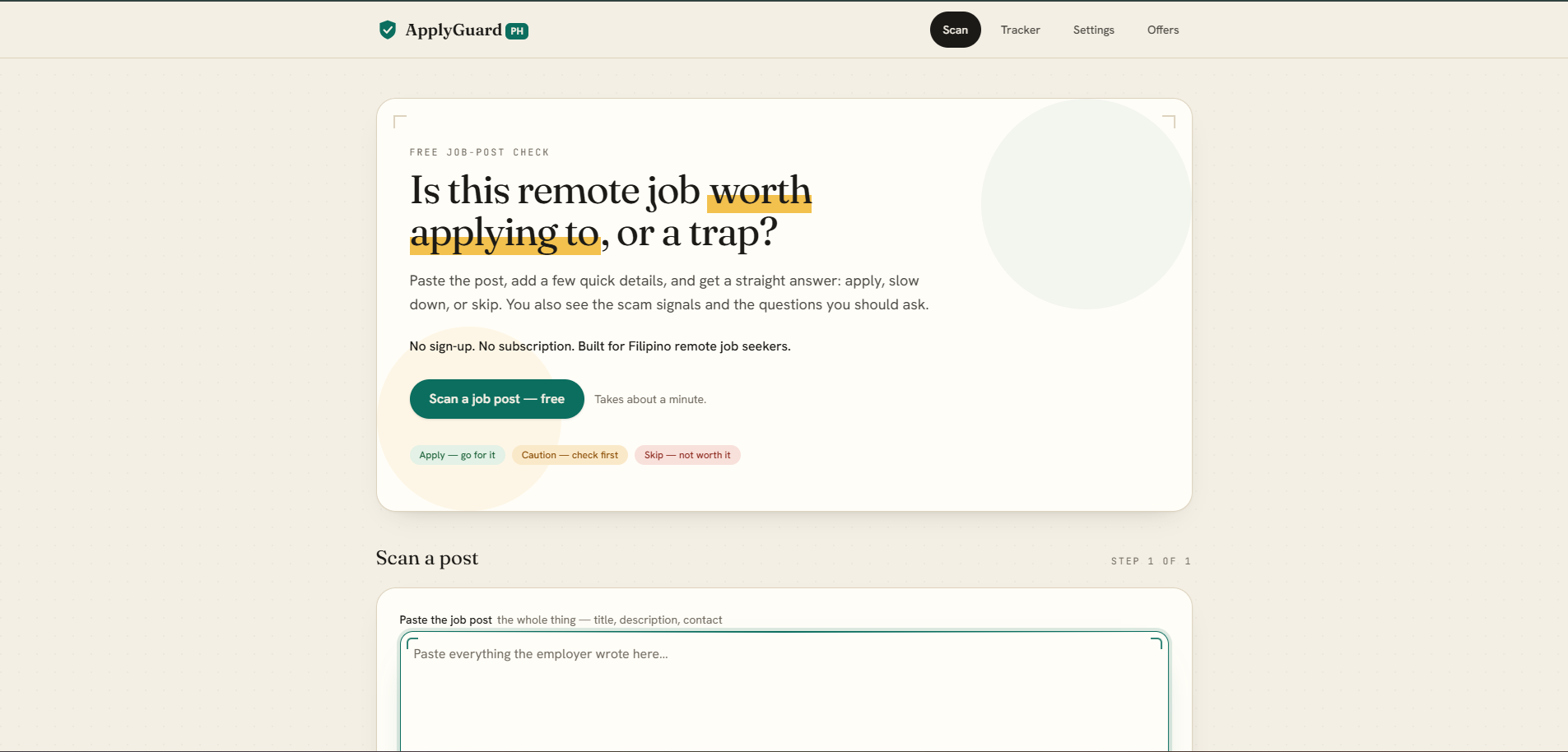 ApplyGuard PH job listing scanner interface