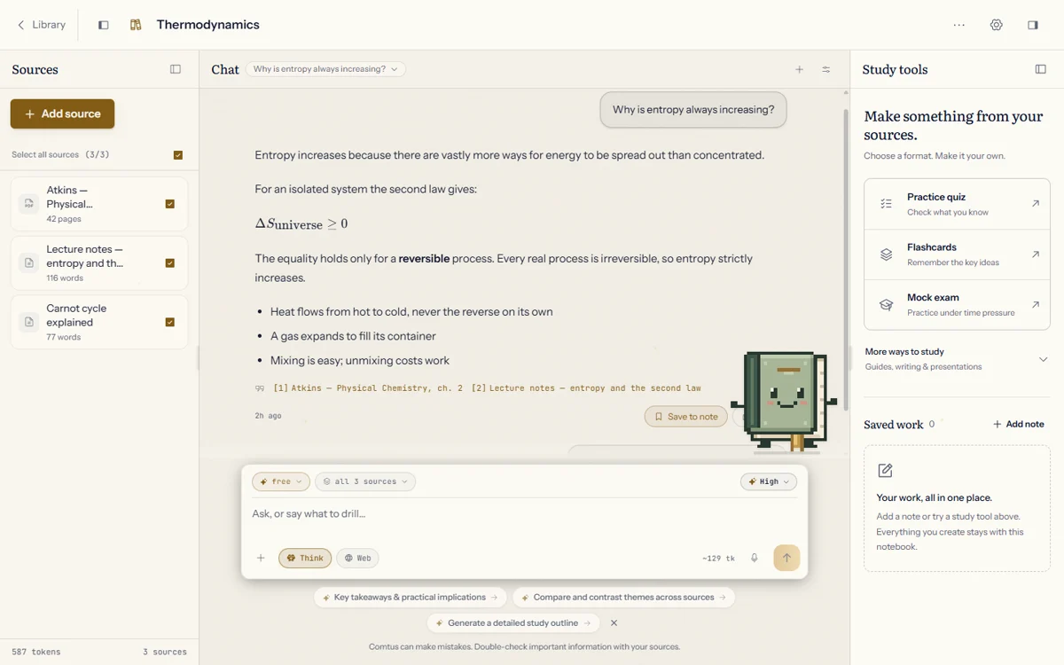 Comtus demo: a Thermodynamics conversation grounded in source material, with flashcards and practice tools