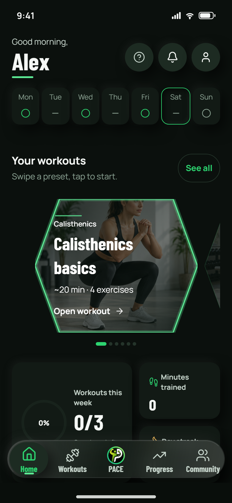 Fitness Pace demo home screen with workout and progress overview