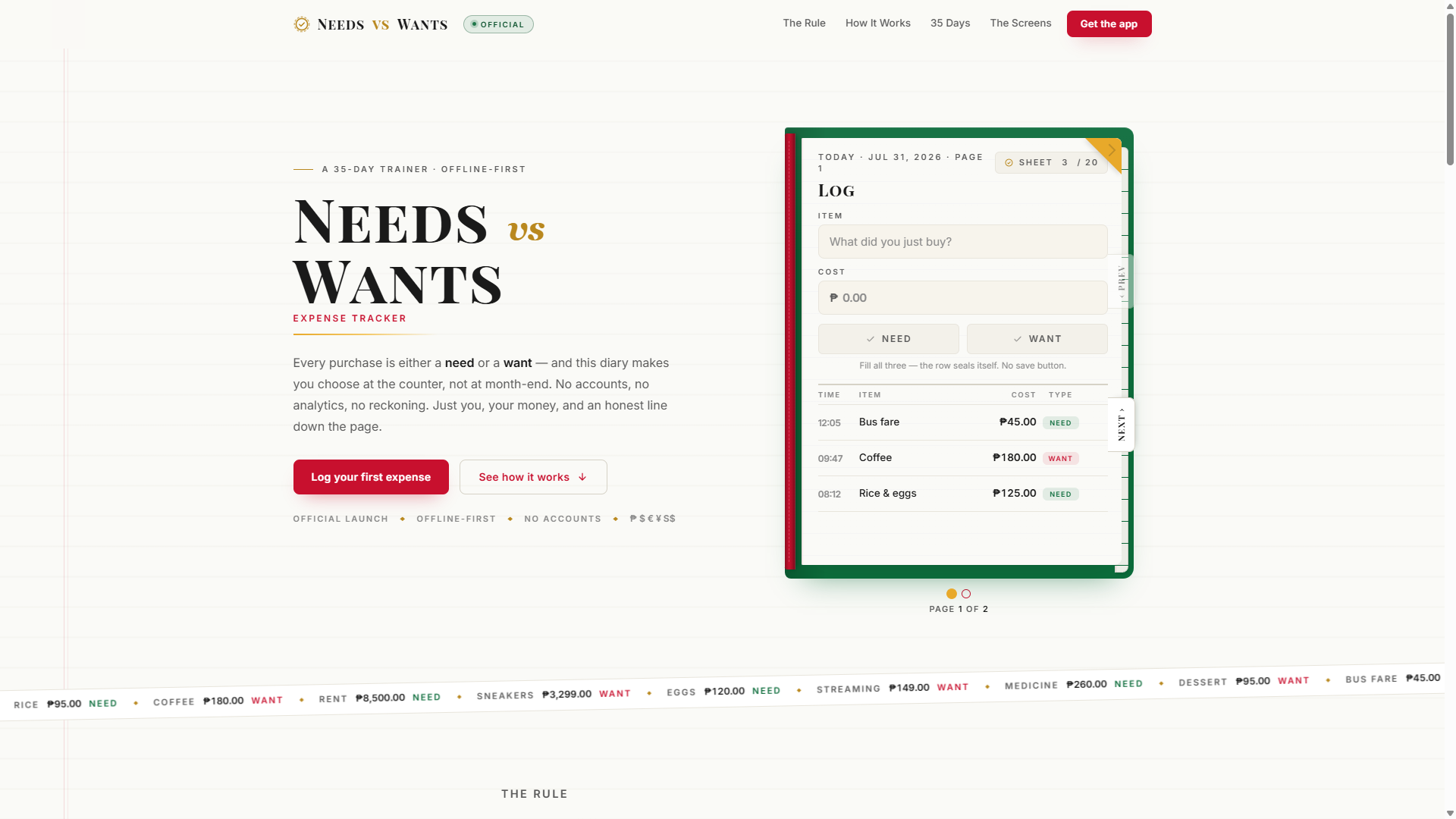 Needs vs. Wants spending awareness app preview